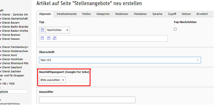 Angabe für Google for Jobs